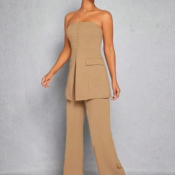 Camel Elegant Women's Button Split Tube Top & Pants Set - Picture 4 of 4